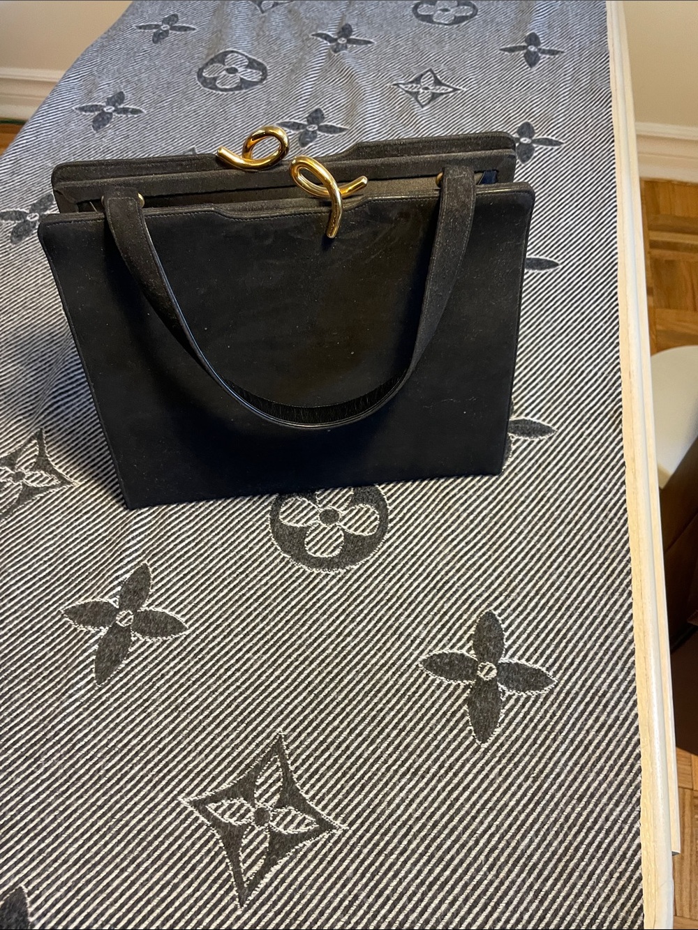 Vintage Bags by Dorian Black Suede Shoulder Bag with Gold-Tone Twist Closure